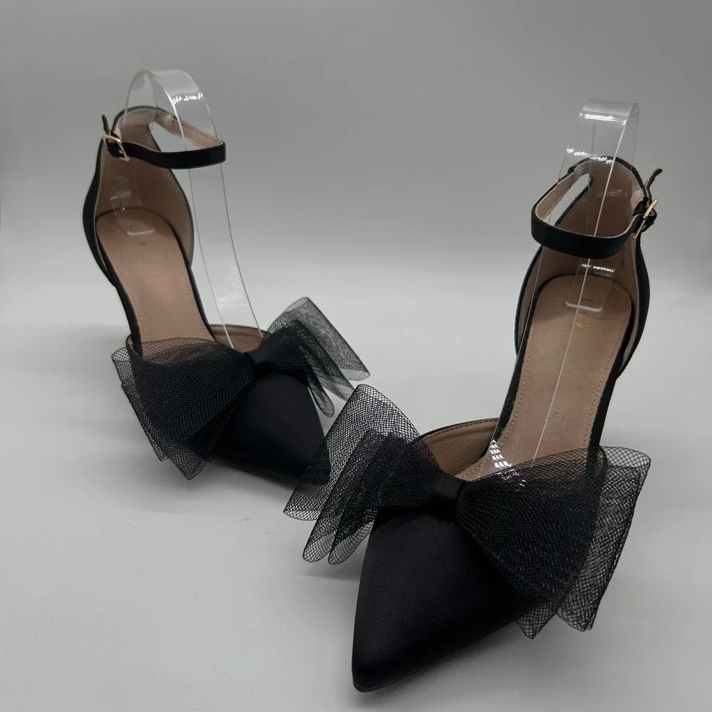 NEW‎ Allegra K Heels Womens 9 Black Pointed Toe Ankle Strap Pumps Bow Stiletto